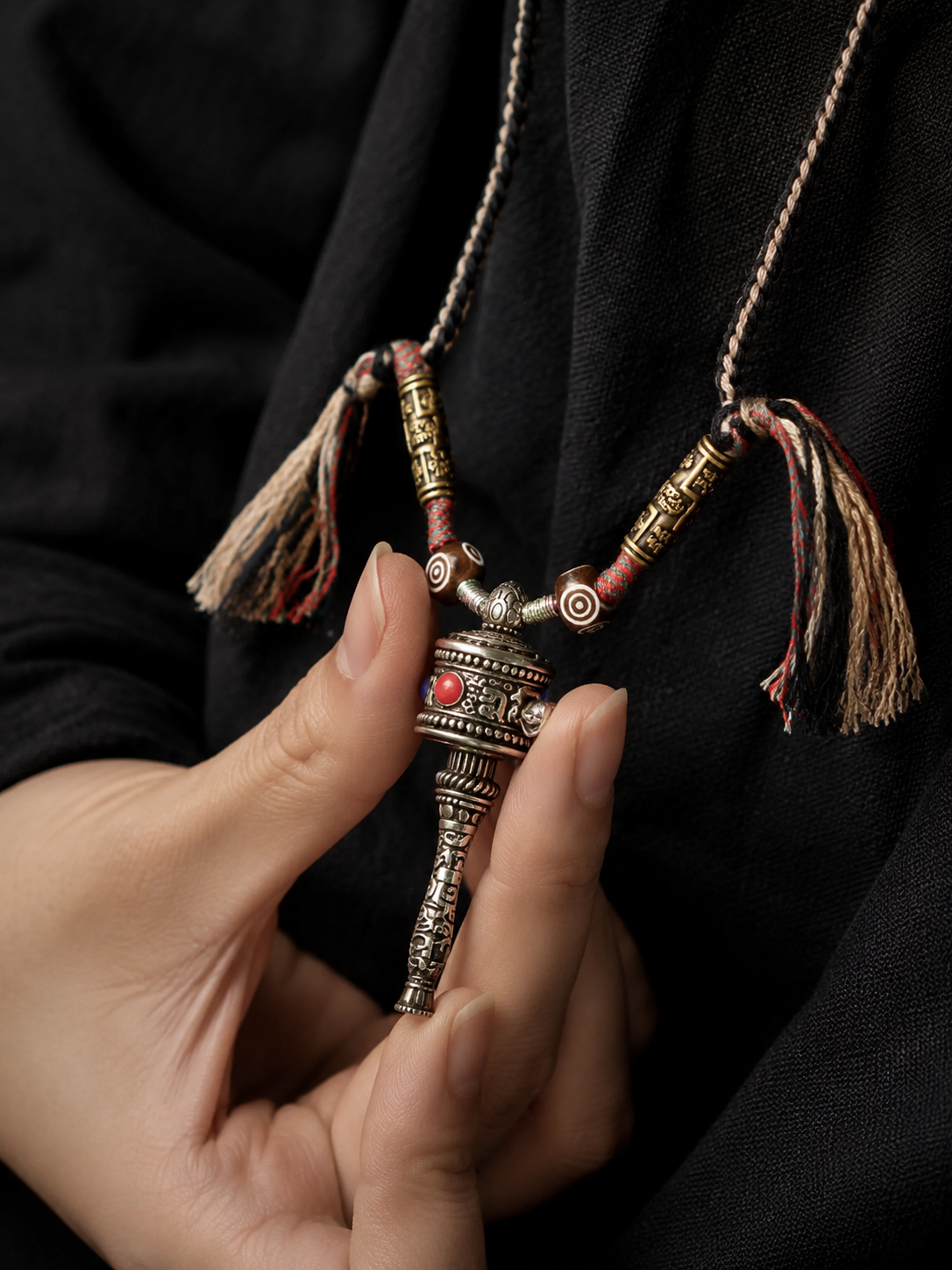 Vintage Tibetan Prayer Wheel Pendant Necklace Handmade Braided Rope