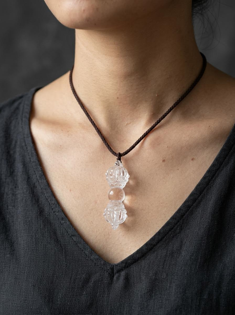 Tibetan White Crystal 9-Pronged Vajra Dorje Pendant