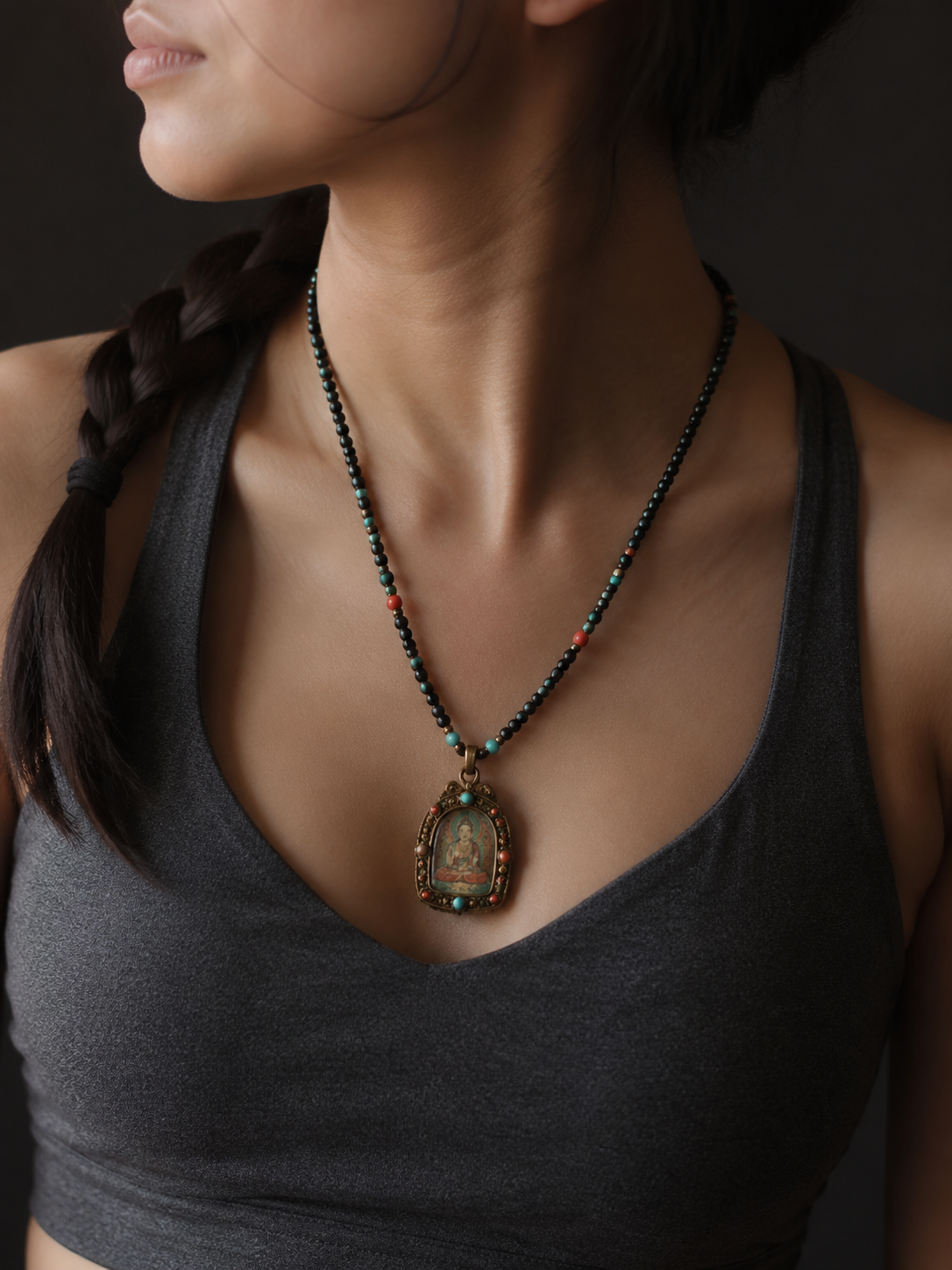 Hand-Painted Tibetan Thangka Amulet Pendant Necklace