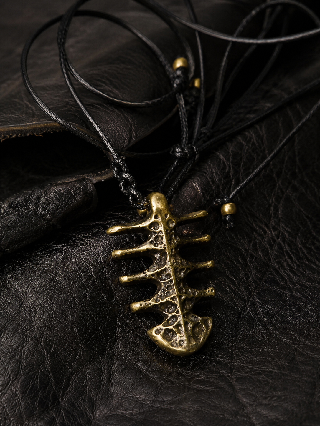 Vintage Brass Fishbone Amulet Pendant Necklace