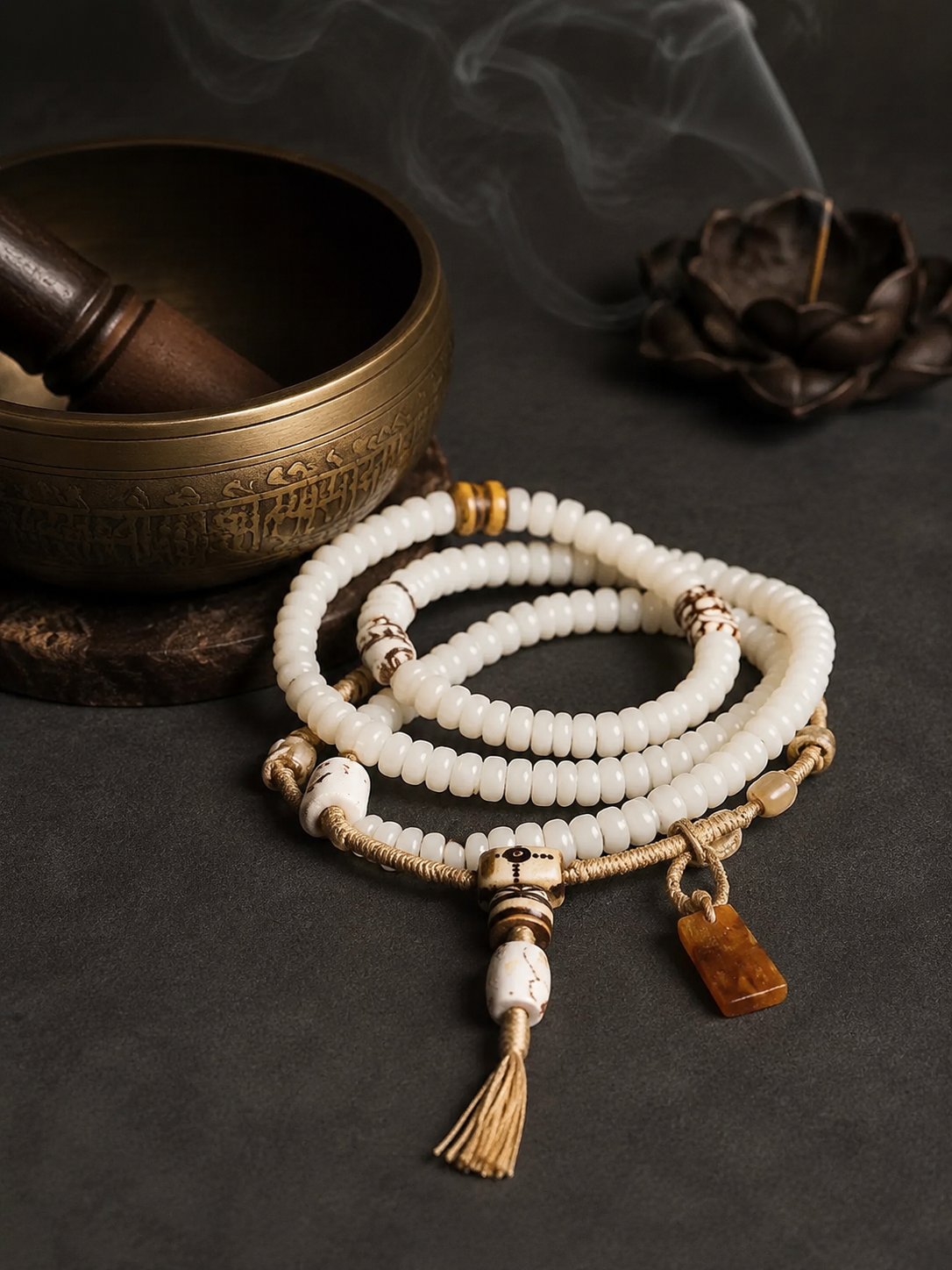 Tibetan 108 White Bodhi Root Mala Bracelet