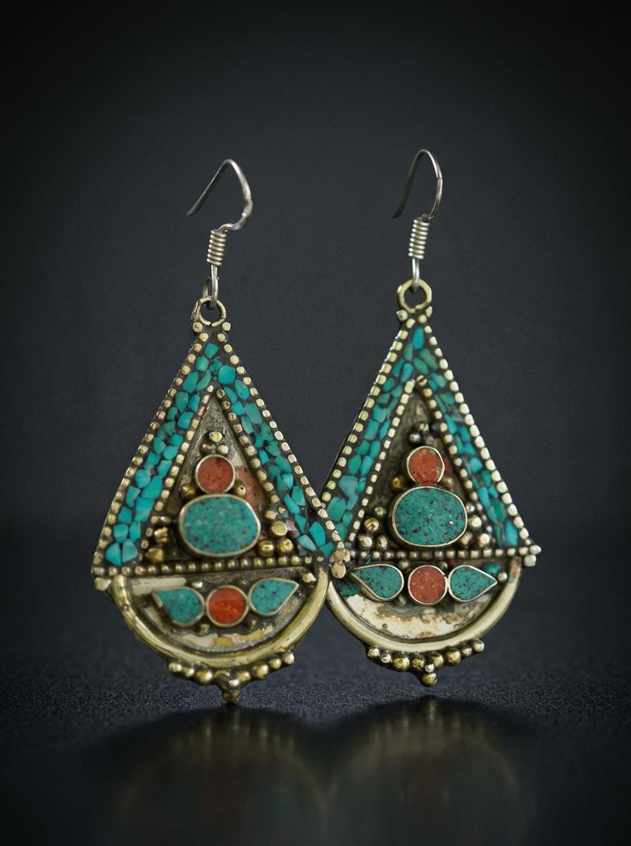 Vintage Tibetan Style Inlaid Drop Earrings