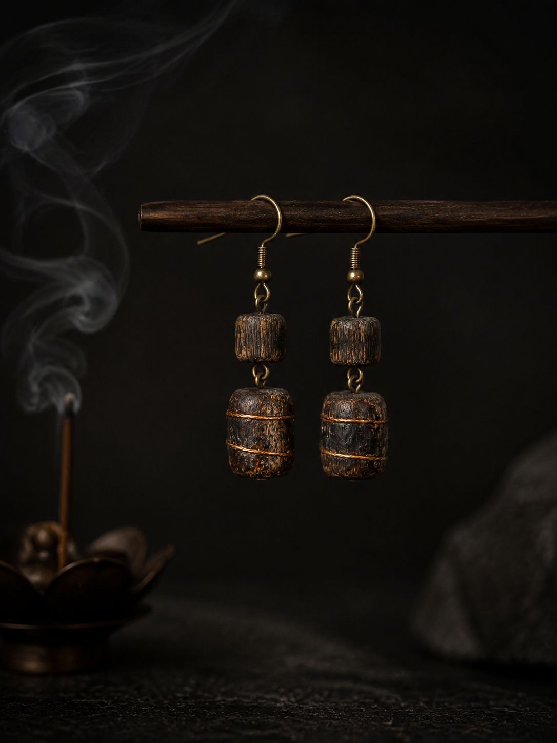 Vintage Tibetan Agarwood Gold-Inlaid Earrings