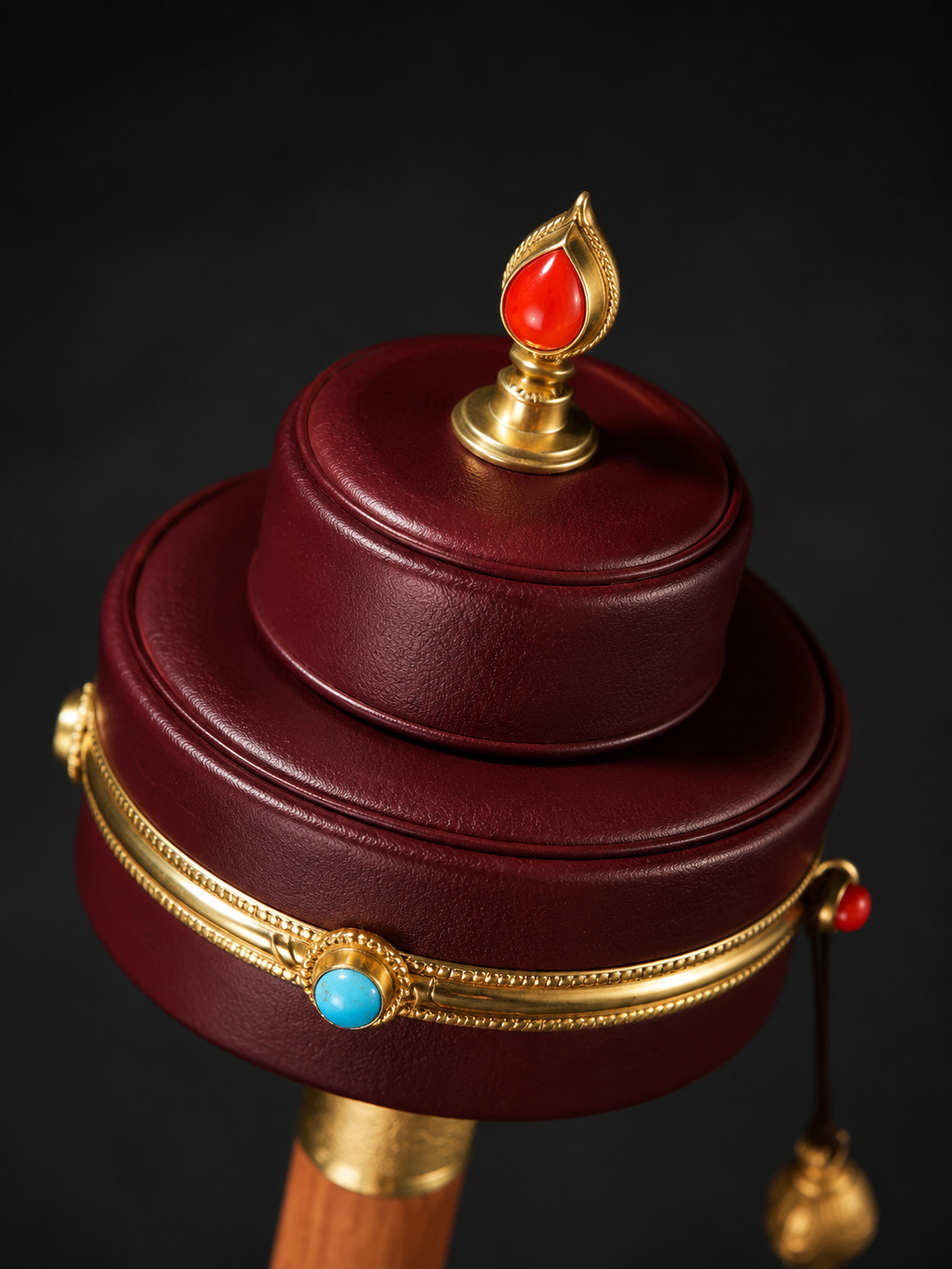 Tibetan Leather Handheld Prayer Wheel with Brass & Stones