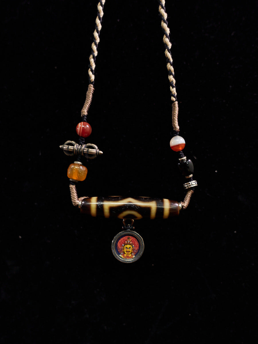 Yellow Jambhala Three-Eyed Dzi & Agate Thangka Necklace