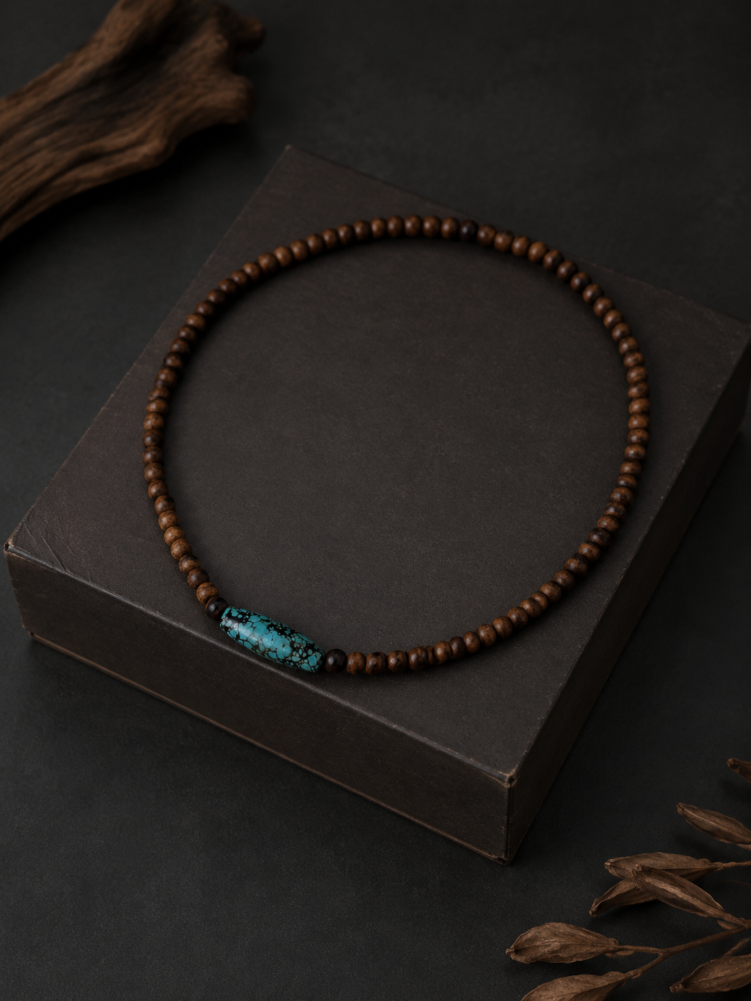Vintage Tibetan Wooden Beaded Necklace with Turquoise Barrel
