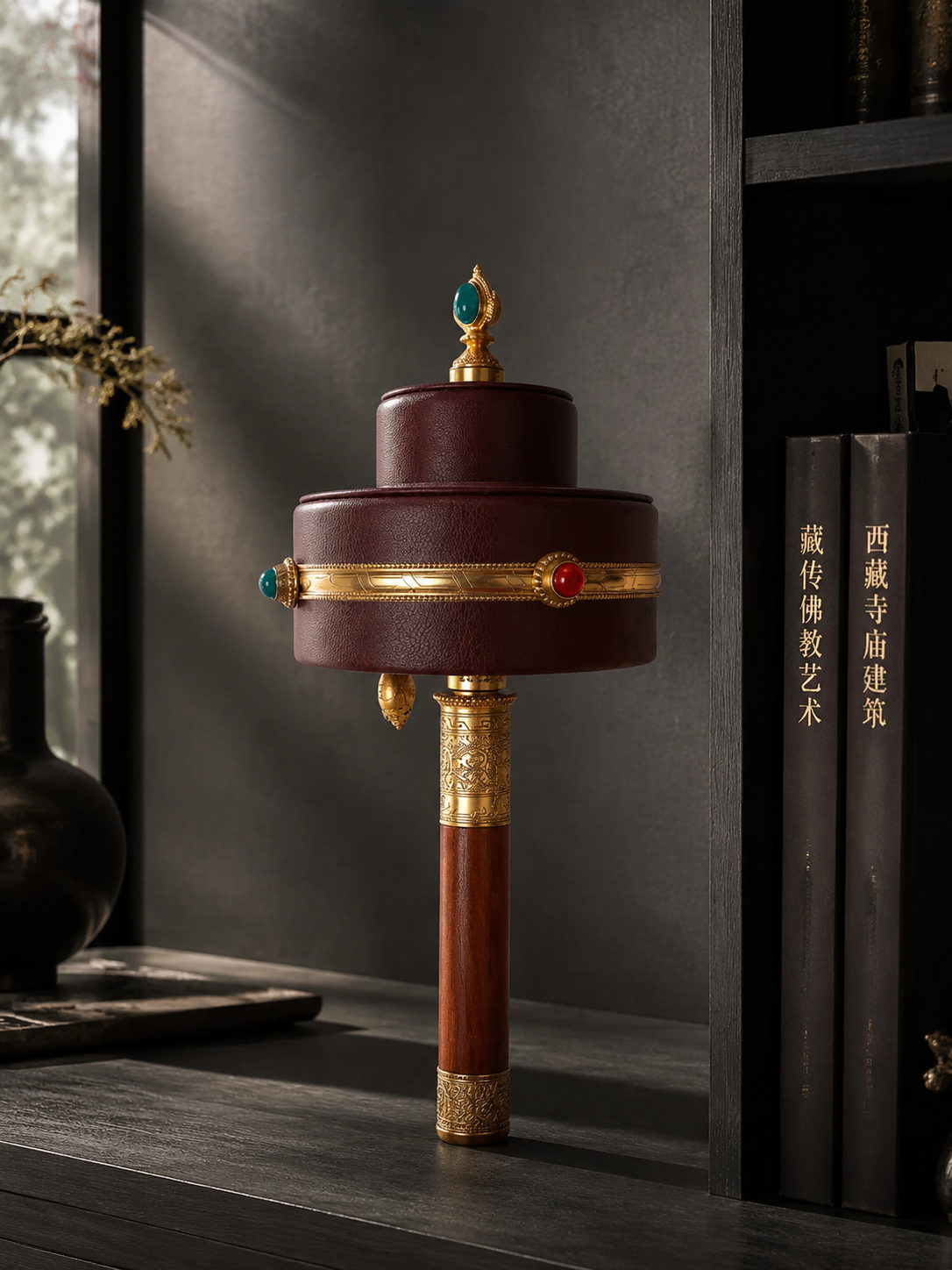 Large Tibetan Handheld Prayer Wheel - Leather & Brass