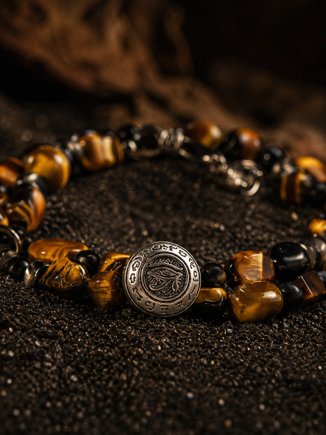 Vintage Tiger Eye & Obsidian Men's Double-Layer Horus Bracelet