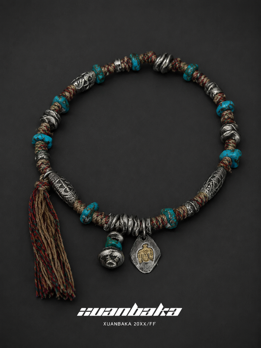 Tibetan Eagle & Mani Stone Vintage Braided Rope Necklace