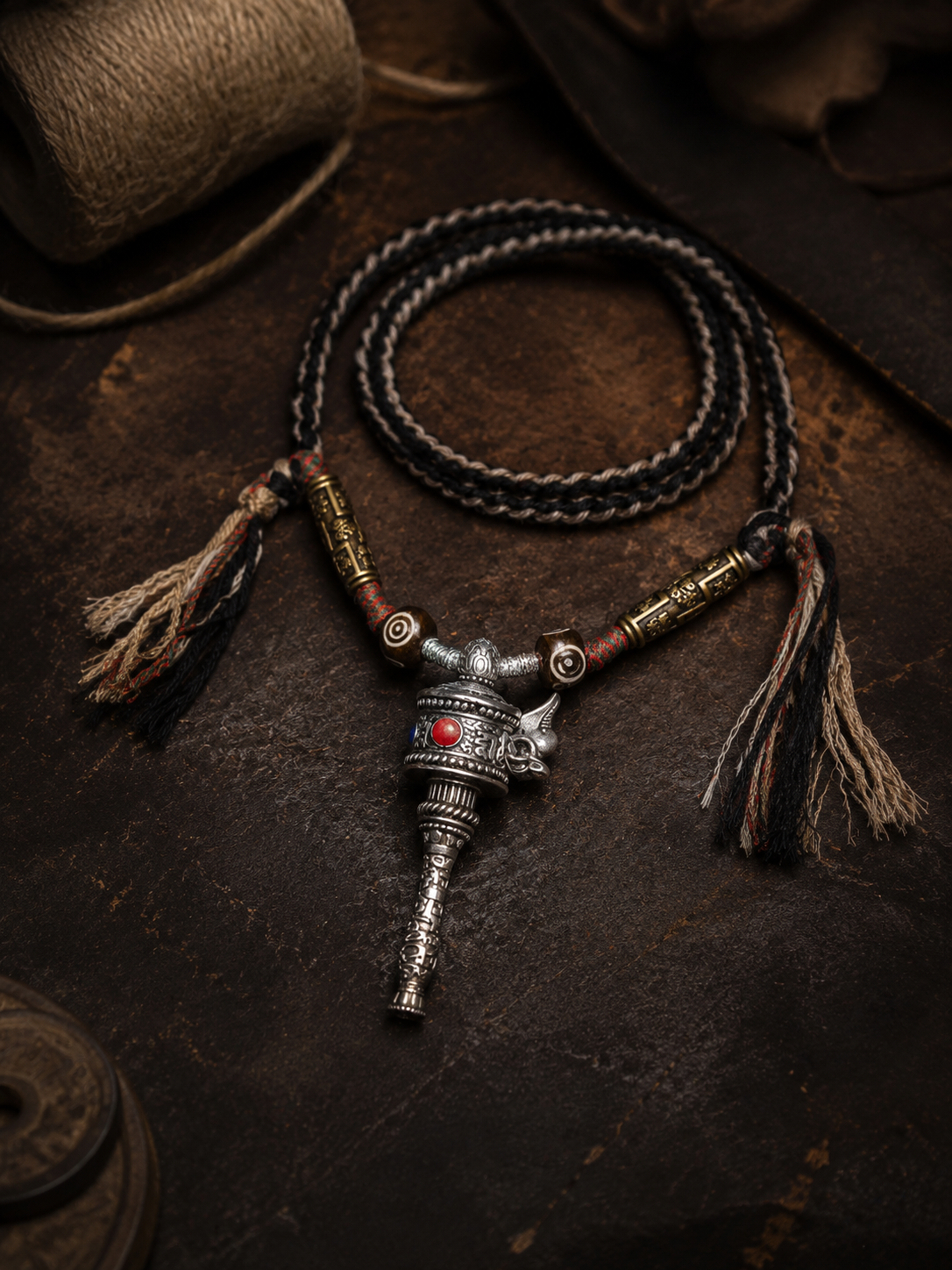 Vintage Tibetan Prayer Wheel Pendant Necklace Handmade Braided Rope