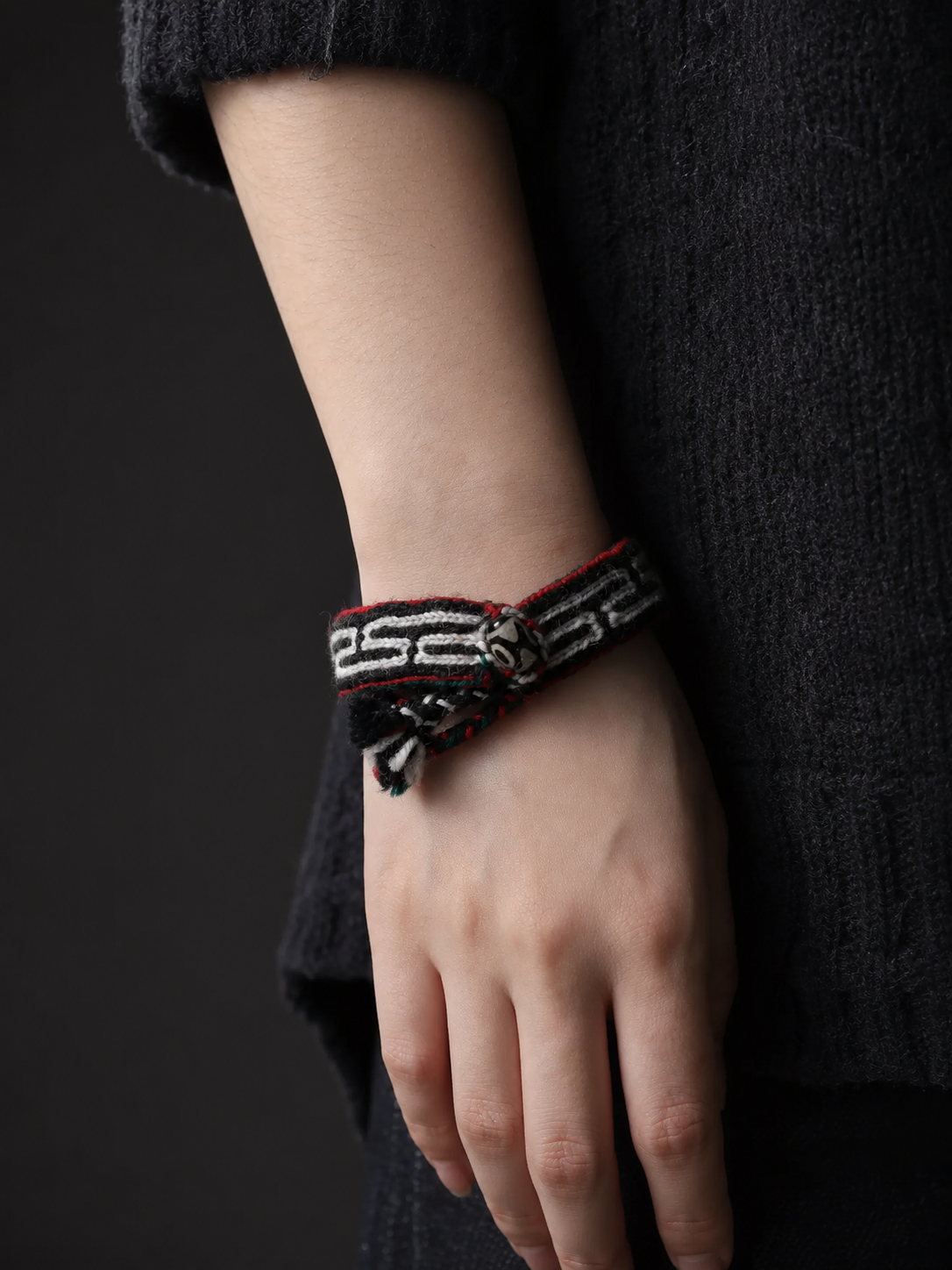Hand-Woven Tibetan Wool Bracelet with Dzi Bead