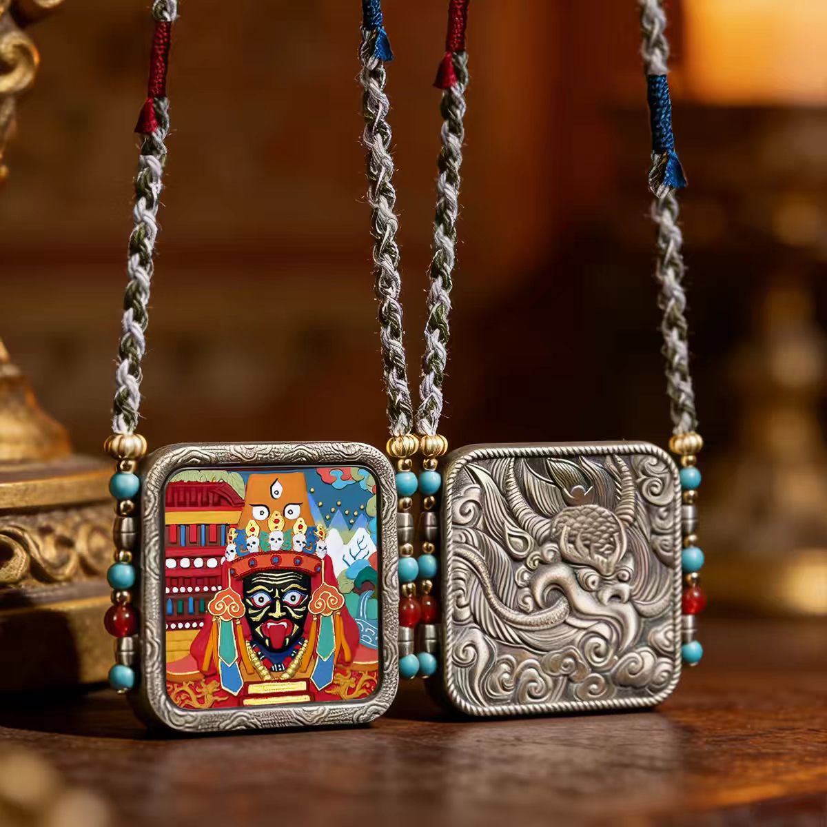 Hand-Painted Tibetan Thangka Amulet Pendant Necklace