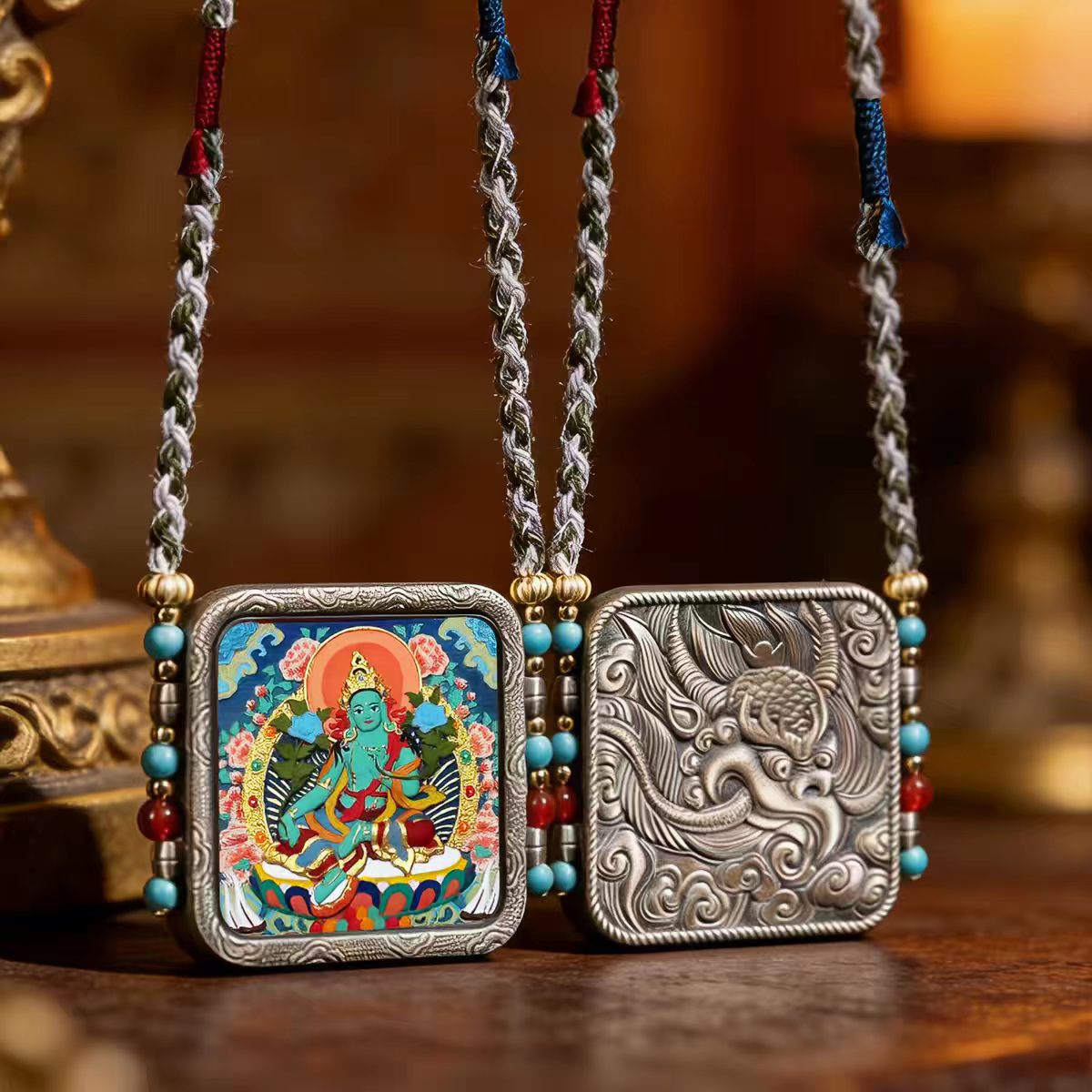 Hand-Painted Tibetan Thangka Amulet Pendant Necklace