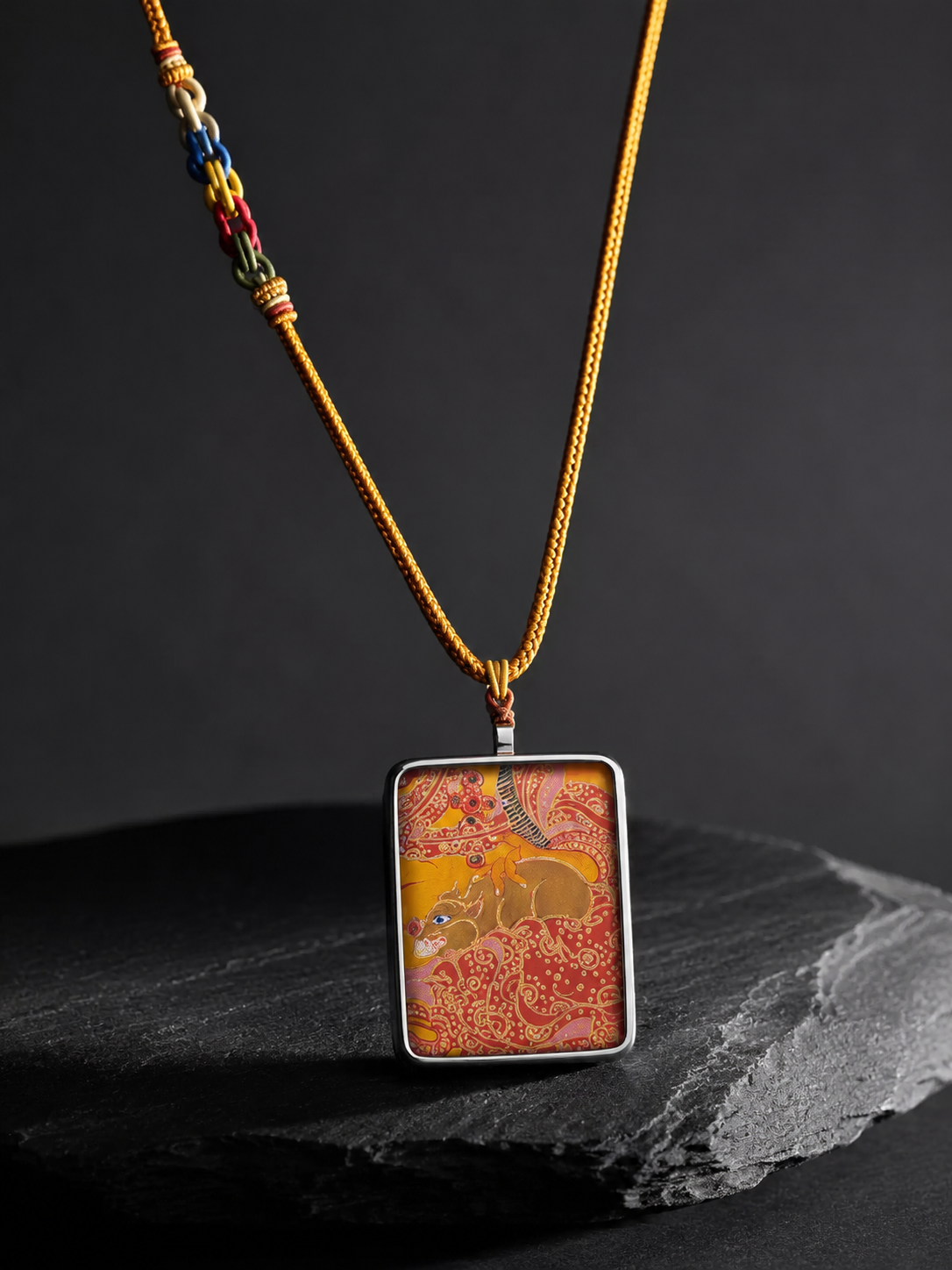 Hand-Painted Yellow Jambhala Thangka Pendant Necklace