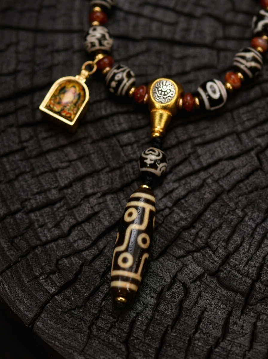 Tibetan Dzi Bead & Gau Box Protection Pendant