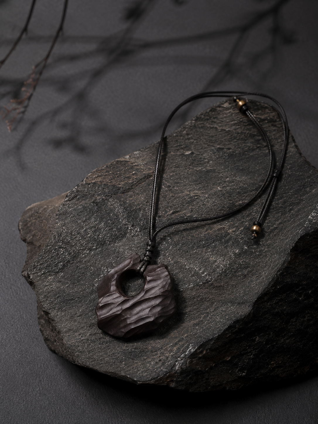 Hand-Carved Ebony Wood Abstract Pendant Adjustable Necklace