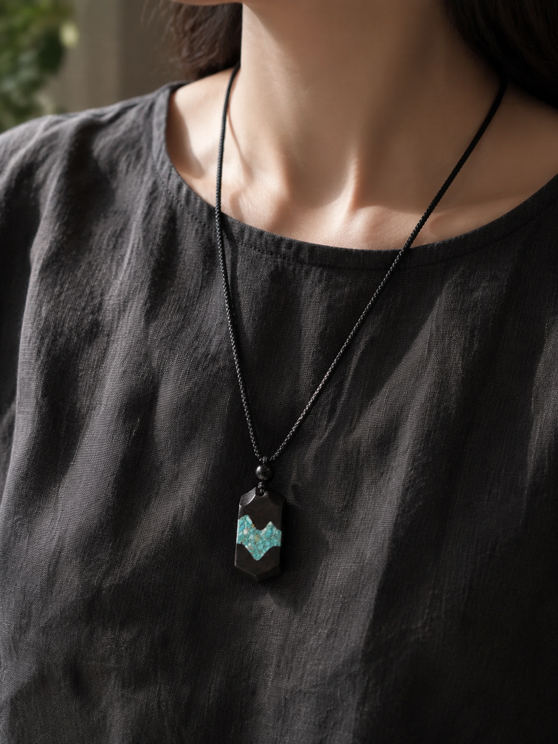 Handmade Tibetan Ebony Wood & Turquoise Mountain Pendant Necklace
