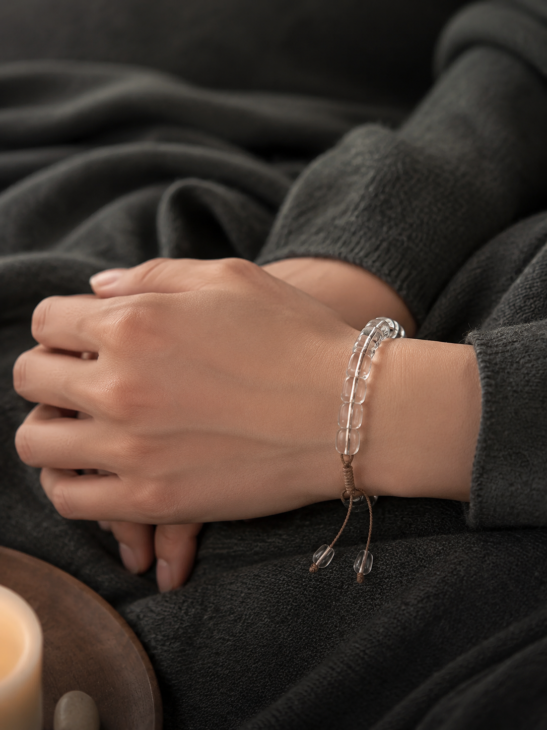 Adjustable Tibetan Clear Quartz Barrel Bead Bracelet