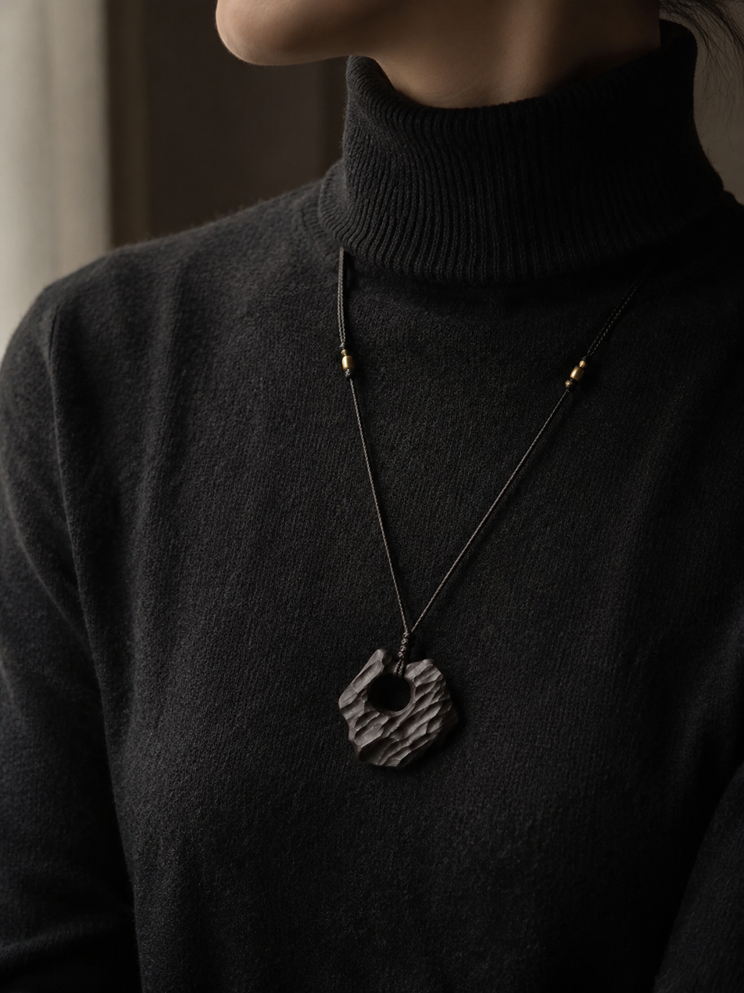 Hand-Carved Ebony Wood Abstract Pendant Adjustable Necklace