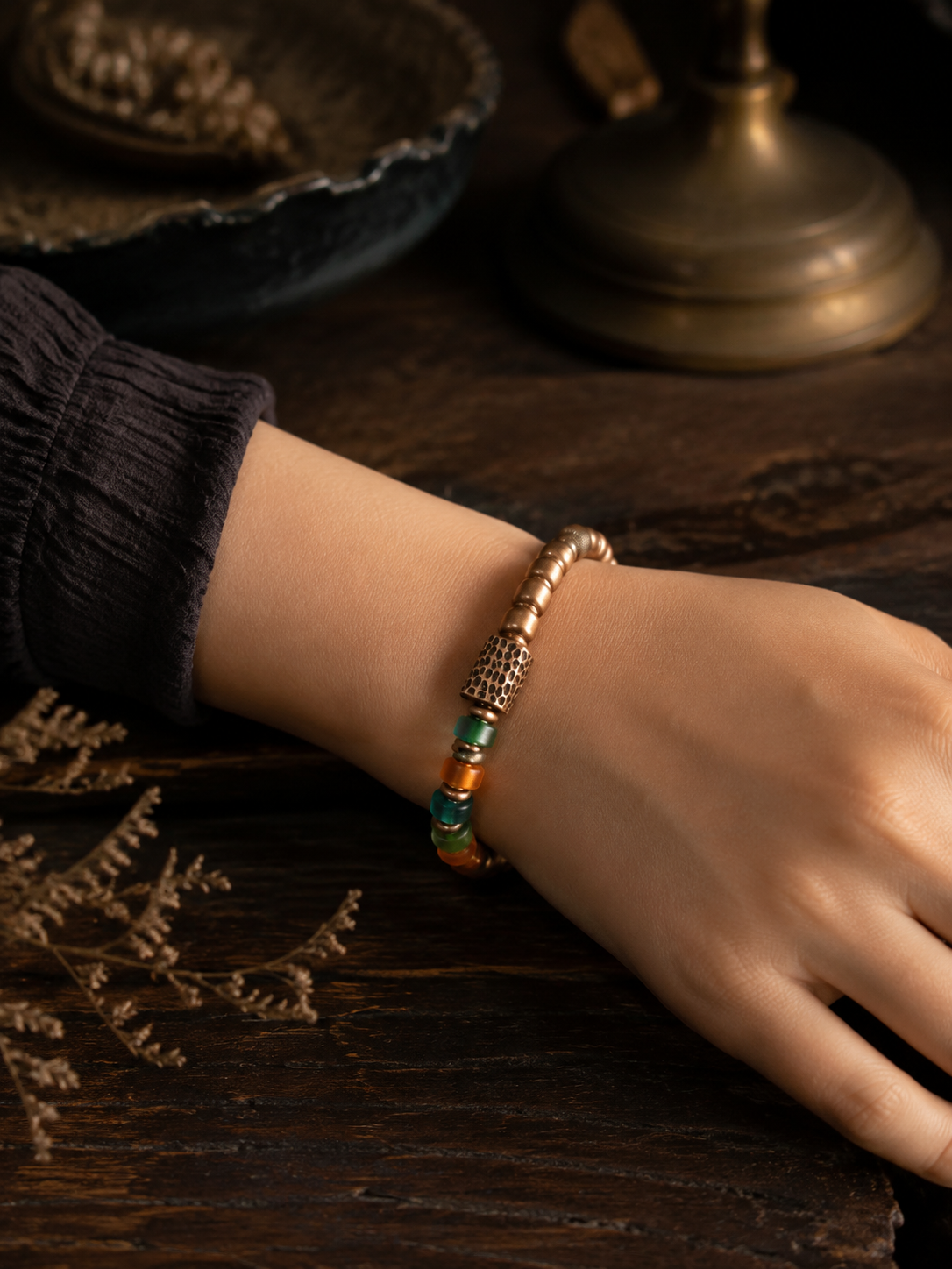 Vintage Tibetan Bronze & Ancient Glass Beaded Bracelet