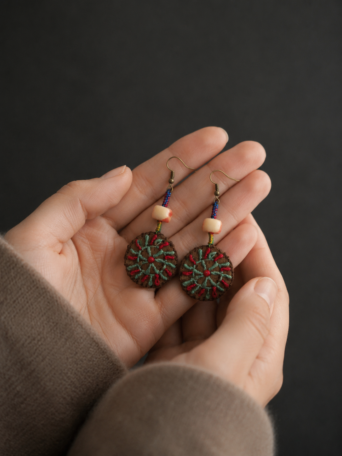 Handmade Tibetan Embroidered Leather Drop Earrings