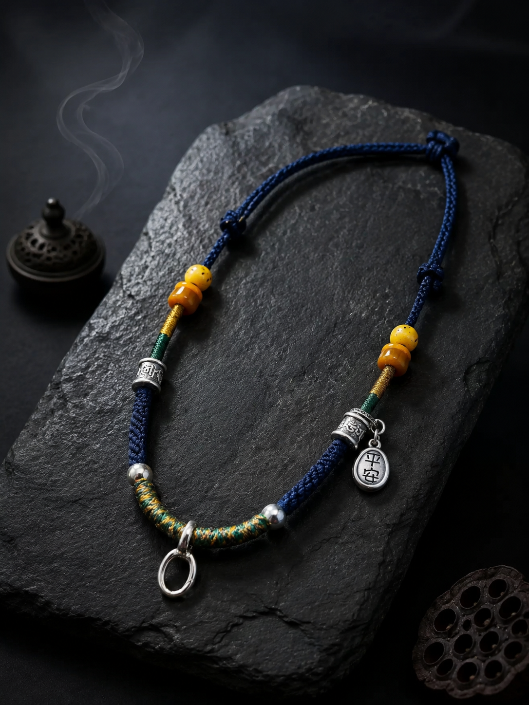 Handmade Tibetan Braided Pendant Cord with 999 Silver & Yak Bone