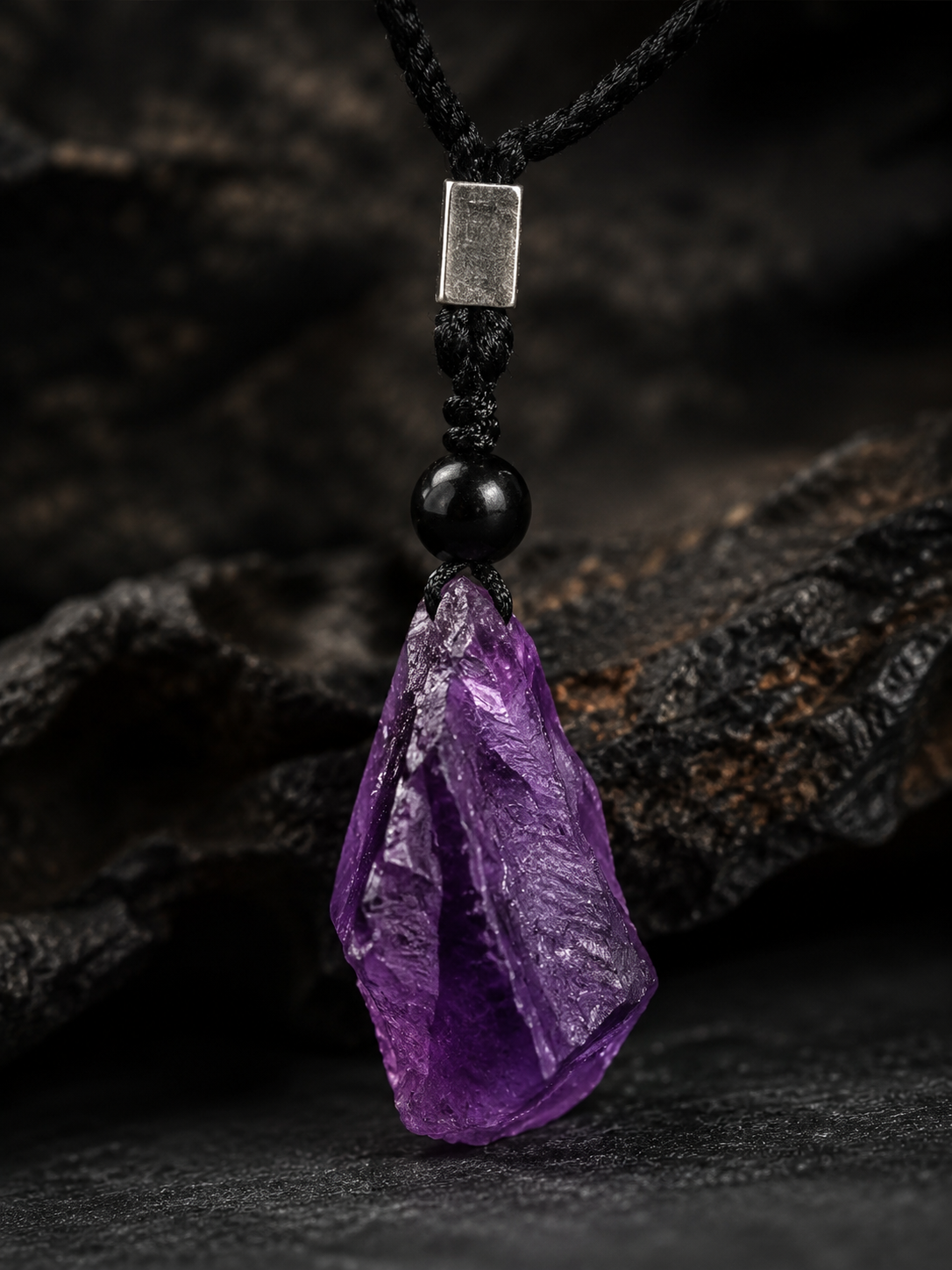 Raw Amethyst Crystal Pendant Necklace on Black Braided Cord