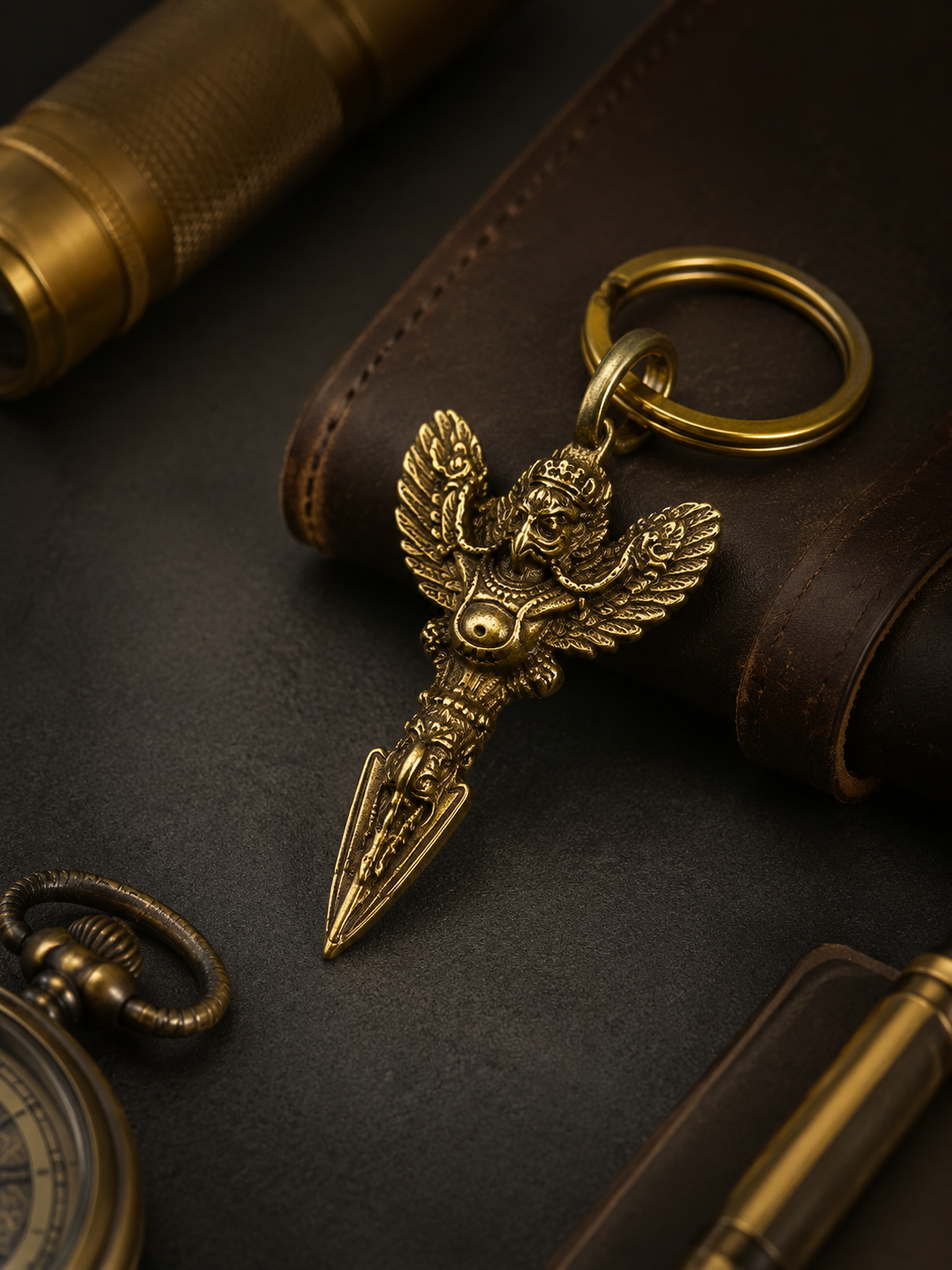 Vintage Brass Garuda Keychain - Handcrafted Tibetan Amulet