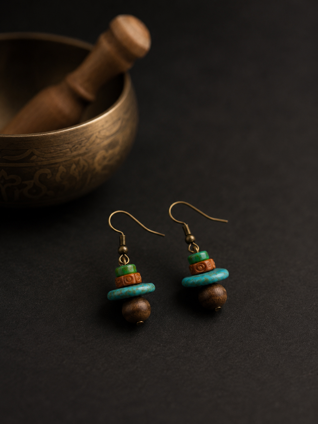 Vintage Tibetan Magnesite & Bodhi Dangle Earrings