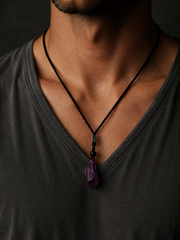 Raw Amethyst Crystal Pendant Necklace on Black Braided Cord