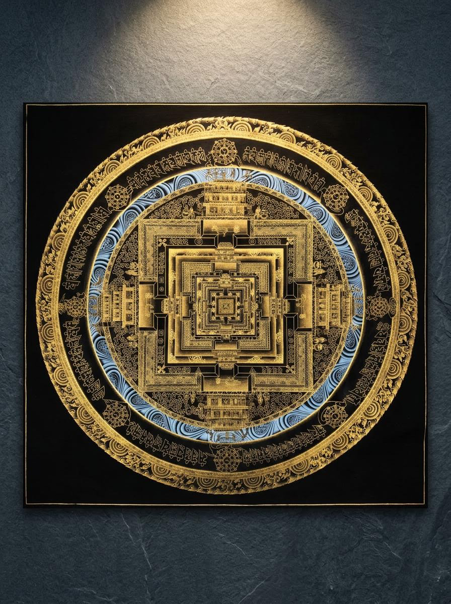 Hand-Painted Black & Gold Kalachakra Mandala Thangka
