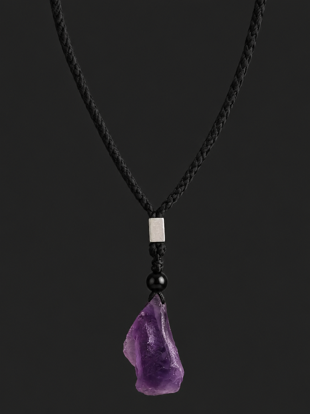Raw Amethyst Crystal Pendant Necklace on Black Braided Cord