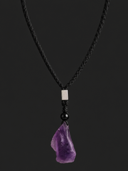Raw Amethyst Crystal Pendant Necklace on Black Braided Cord