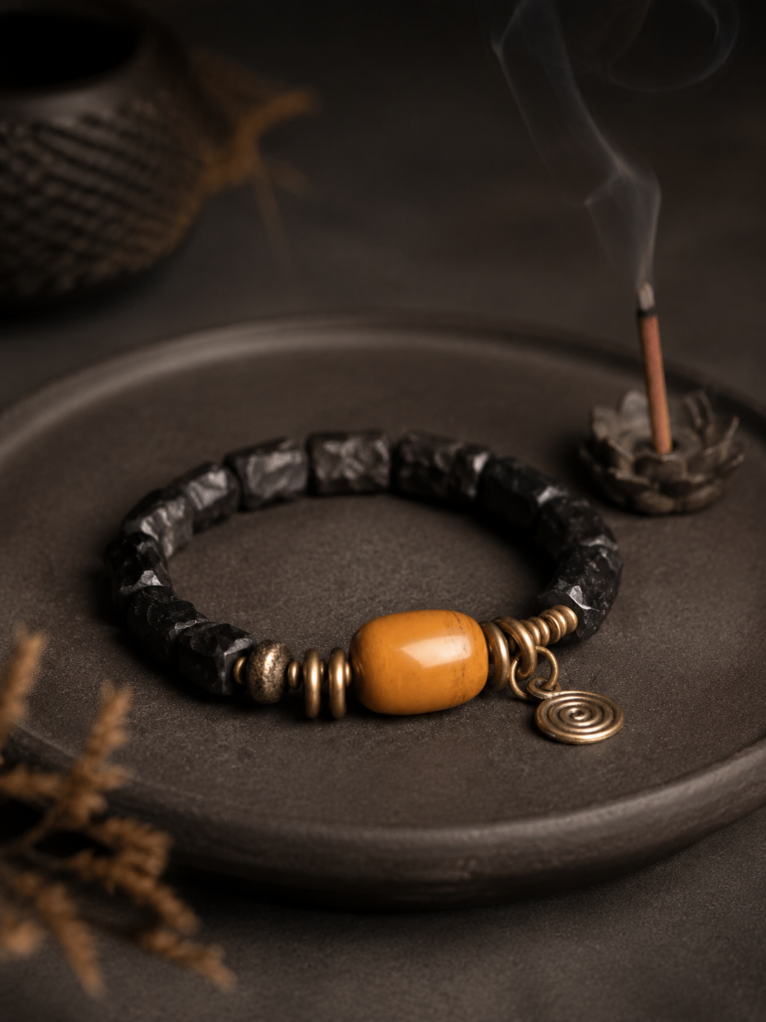 Vintage Ebony Wood Tibetan Bracelet with Spiral Charm