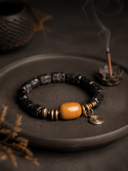 Vintage Ebony Wood Tibetan Bracelet with Spiral Charm