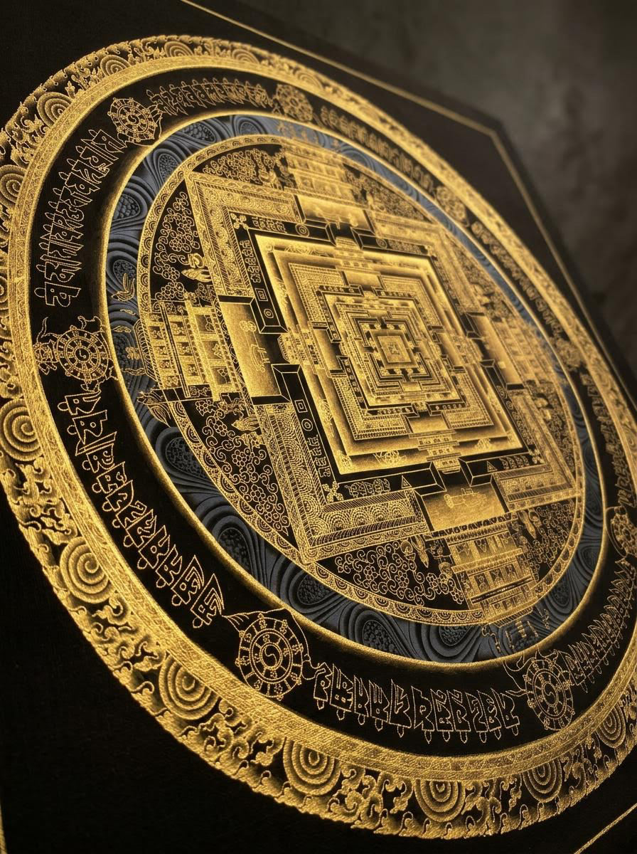 Hand-Painted Black & Gold Kalachakra Mandala Thangka