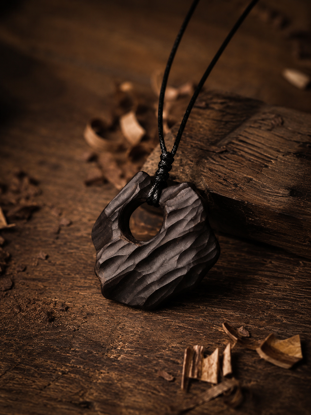 Hand-Carved Ebony Wood Abstract Pendant Adjustable Necklace