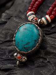 Vintage Tibetan Turquoise & Red Beaded Statement Necklace