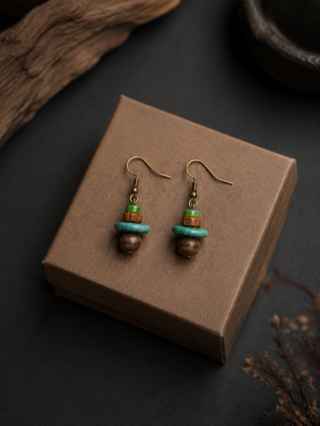 Vintage Tibetan Magnesite & Bodhi Dangle Earrings