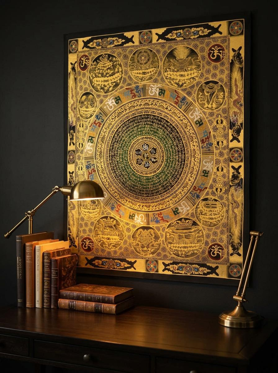 Hand-Painted Tibetan Eight Auspicious Mandala Thangka