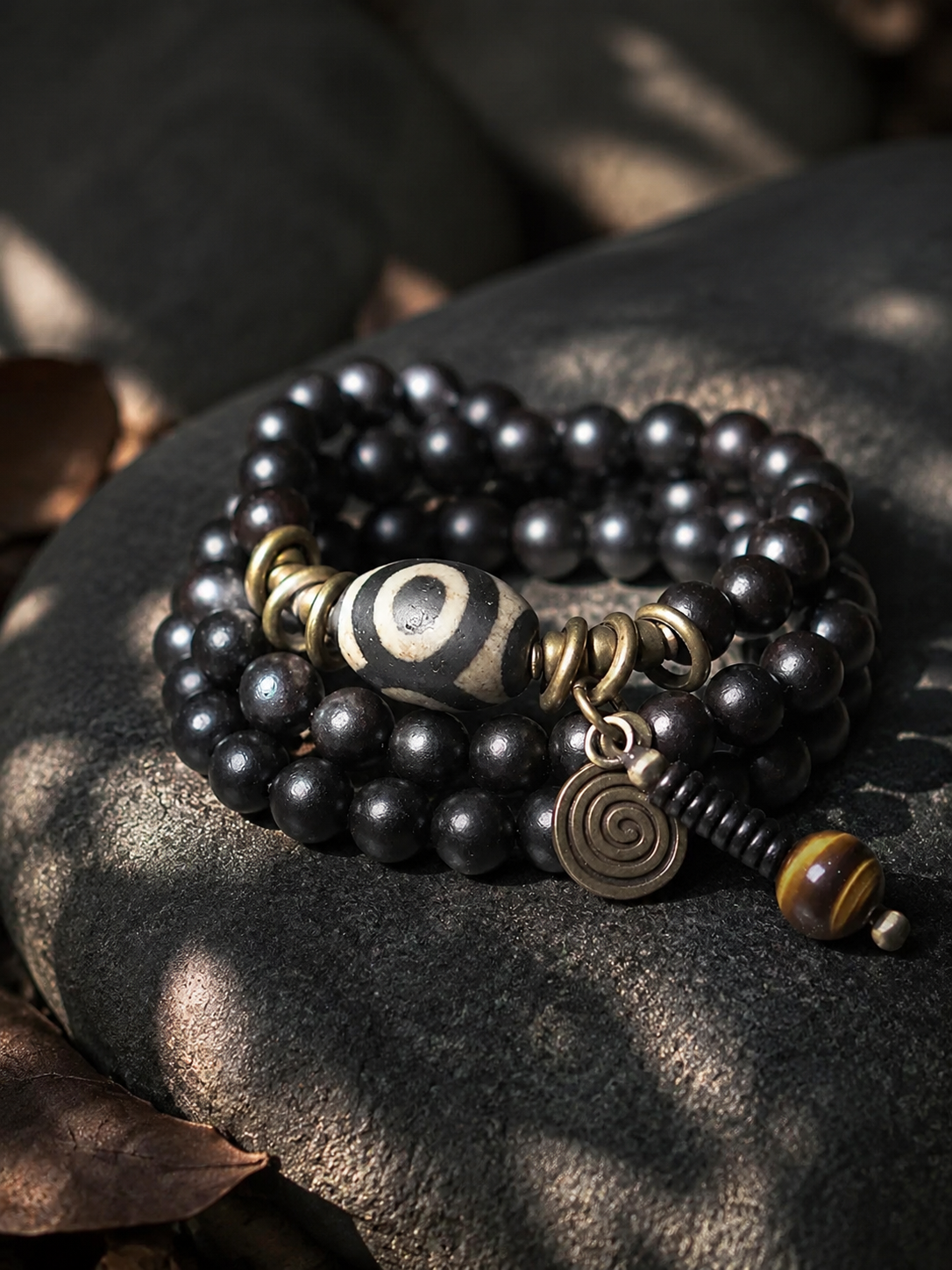 Handmade Tibetan Ebony Wood Dzi Bead Wrap Bracelet