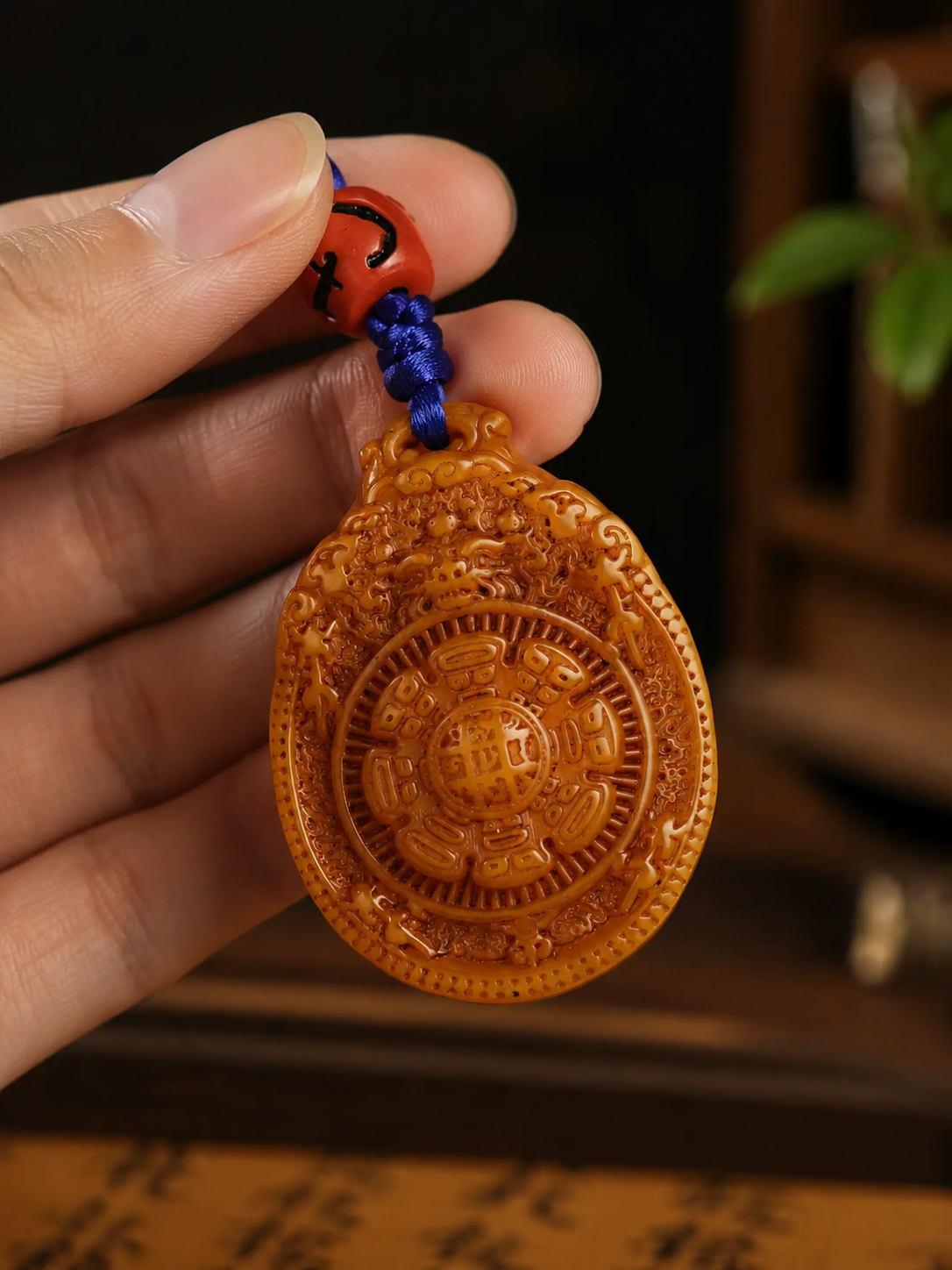 Tibetan Yak Bone Carved Jiugong Bagua Amulet Pendant