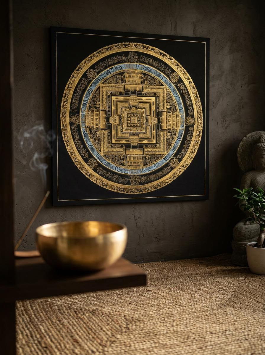 Hand-Painted Black & Gold Kalachakra Mandala Thangka