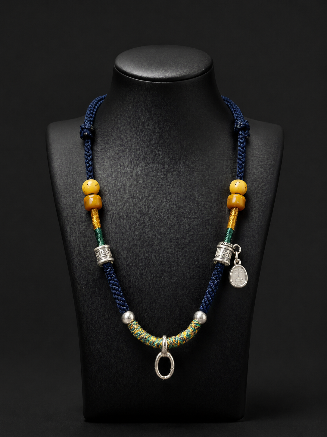 Handmade Tibetan Braided Pendant Cord with 999 Silver & Yak Bone