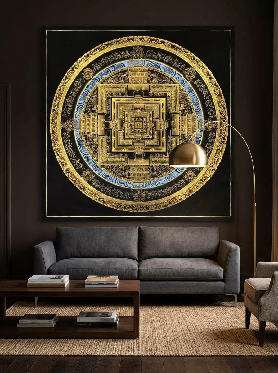 Hand-Painted Black & Gold Kalachakra Mandala Thangka