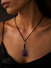 Raw Amethyst Crystal Pendant Necklace on Black Braided Cord
