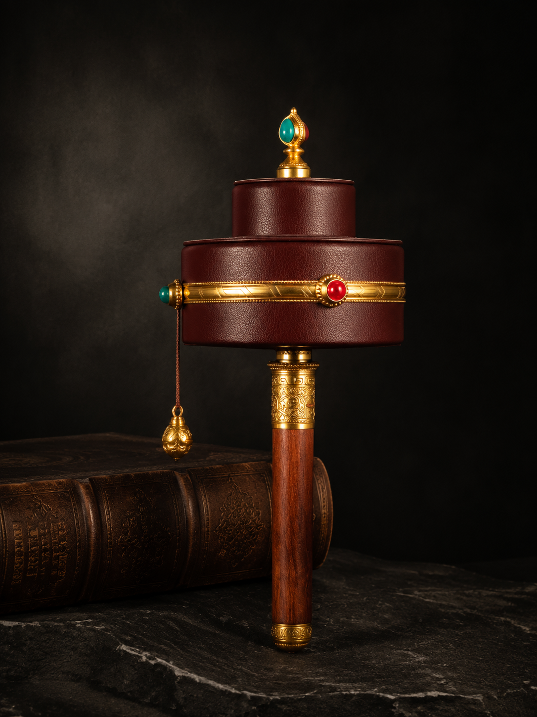 Large Tibetan Handheld Prayer Wheel - Leather & Brass