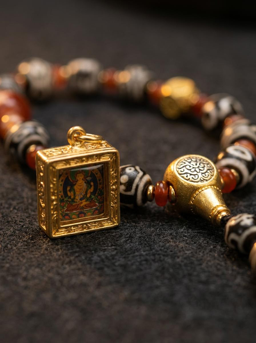 Tibetan Dzi Bead & Gau Box Protection Pendant