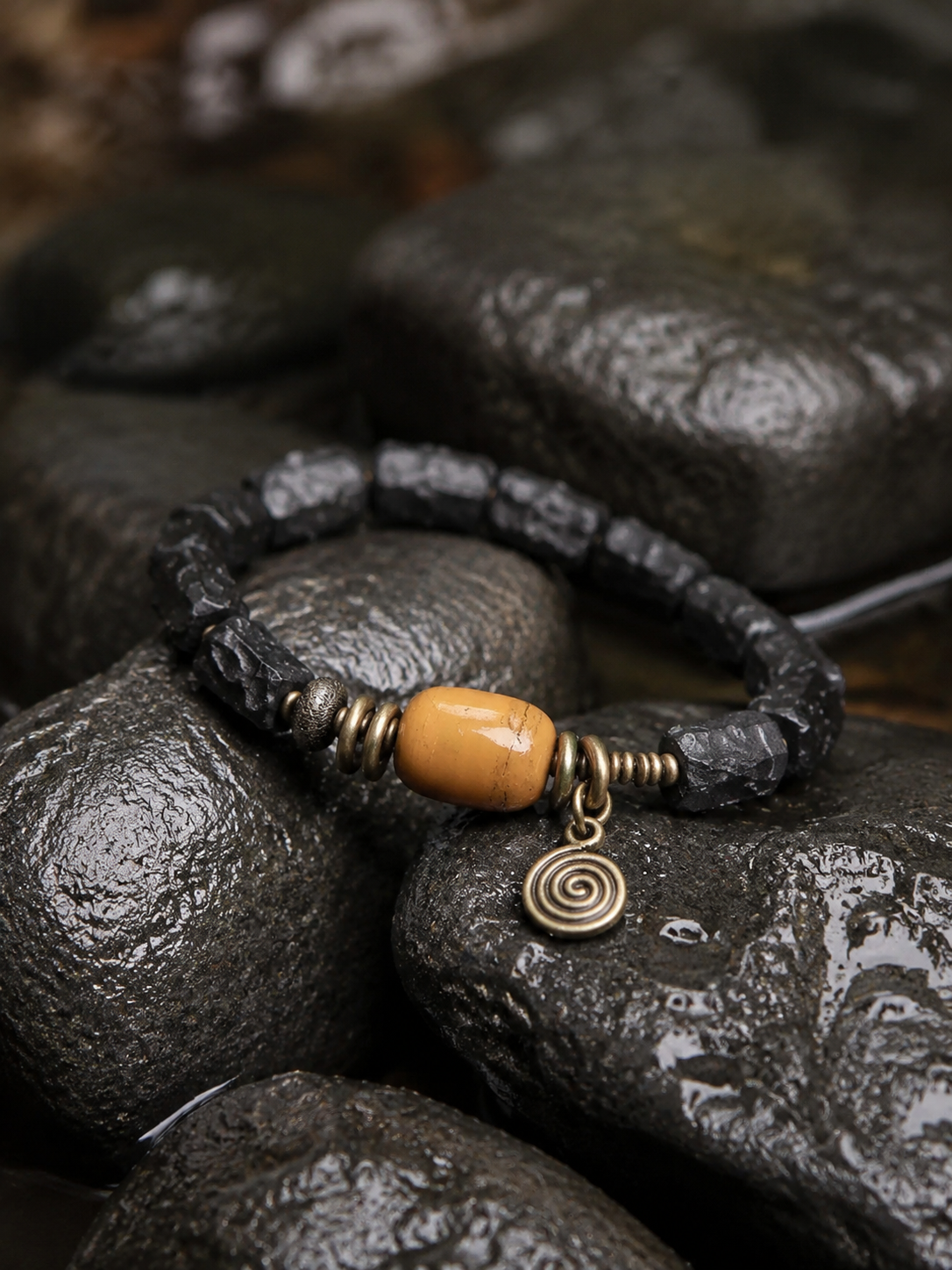 Vintage Ebony Wood Tibetan Bracelet with Spiral Charm