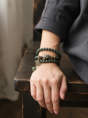 Tibetan Green Bodhi Root & Dzi Bead Wrap Bracelet